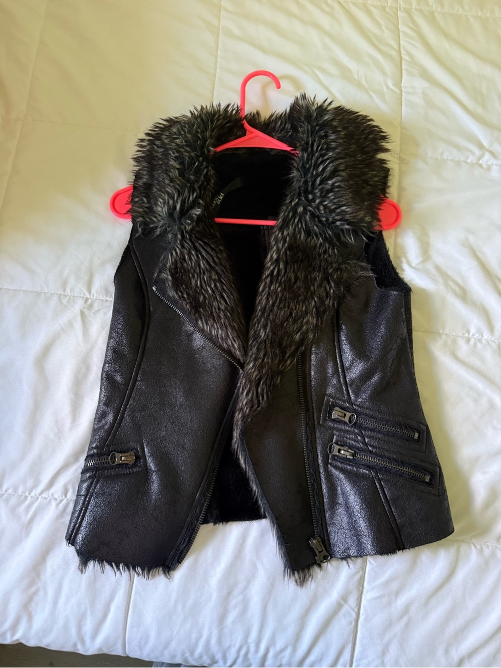 Girls Black Faux Leather Vest with Faux Fur Collar